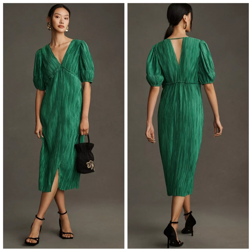 Anthropologie Green V-Neck Pleated Slim Midi Dress | Size M | NWT